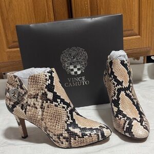 Vince Camuto Textured Snake Print Booties - Cream and Black